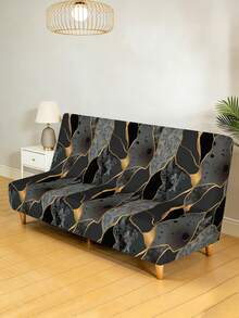 1件几何线条印花牛奶丝无扶手折叠沙发床罩，弹性全包覆防尘，适用于卧室、客厅，四季皆宜