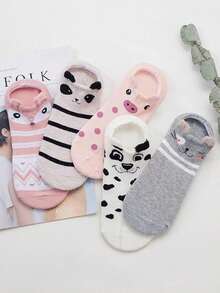 6 pares de calcetines invisibles tipo barco de vamp bajo con estampado de animales de dibujos animados lindos para mujer, colores aleatorios - Multicolor - Ver 5