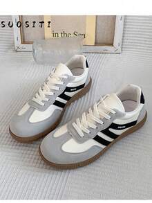 女士多功能时尚休闲平底鞋，防滑系带圆头橡胶底休闲运动鞋，黑色和卡其色拼色日常休闲鞋，尺码 36-41 - 黑與白 - 查看 6