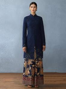 Women's Baju Kurung Set (1 Set), Floral Print Elegant Embroidered 2-Piece Outfit, Women's Spring Suit - Navy Blue - View 3