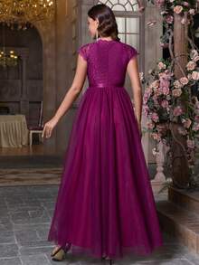 Women's V-Neck Lace Patchwork Zipper Sequin Patchwork Bridesmaid Dress For Wedding Guest, Homecoming, Party, Prom, Formal Event, Evening Gowns, Spring/Summer/Autumn - Red Violet - View 3