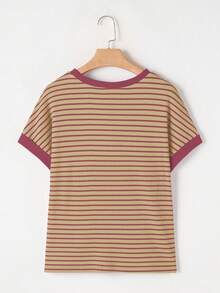 Acelitt Striped Contrast Color Shoulder Short Sleeve Knit Casual Round Neck T-Shirt, Summer Pink Vacation - Pink - View 5