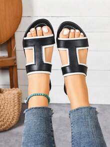 女士真皮T字带宽楦平底凉鞋，软底舒适休闲沙滩凉鞋 - 黑色 - 查看 2