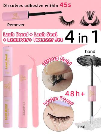 4 IN1 Lash Bond And Seal, Glue Remover,Tweezer Lash Kit Waterproof 10ML Lash Bond And Seal Kit 5ML Remover For Eyelash Bond Cluster Lashes Glue Lash Bond And Seal Waterproof 48-72H Strong Hold Individual Cluster Lashes