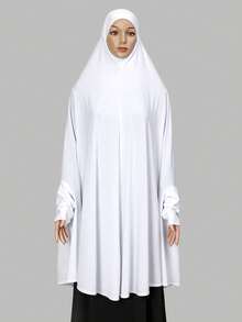 1pc Muslim Women Hijab With Sleeve Covers, Solid Color Crystal Linen Simple Long Khimar, Fashion Versatile Pullover Headscarf, Suitable For Outdoor Prayer, Sun Protection, Breathable For All Seasons