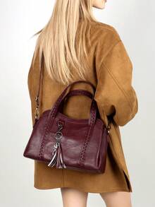 New PU Leather Women's Handbag, Retro Style, Tassel Decor, Fashion Zipper Shoulder Bag With Detachable Strap, Suitable For Work And Travel,Fringe Bag - Burgundy - View 6
