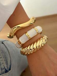 3 Peças Conjunto de Pulseiras Vintage Esmaltadas Elegantes e da Moda, com Desenho Geométrico Assimétrico Ondulado Texturizado, Ideal para Mulheres e Homens, Ótimo para Férias, Festa, Encontros, Presentes, Uso Diário - Ouro amarelo - Visão 1