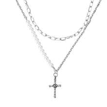 Women's Fashion Multi-Layer Cross Stainless Steel Necklace Paperclip Pearl Necklace Silver - Bạc - Xem 7