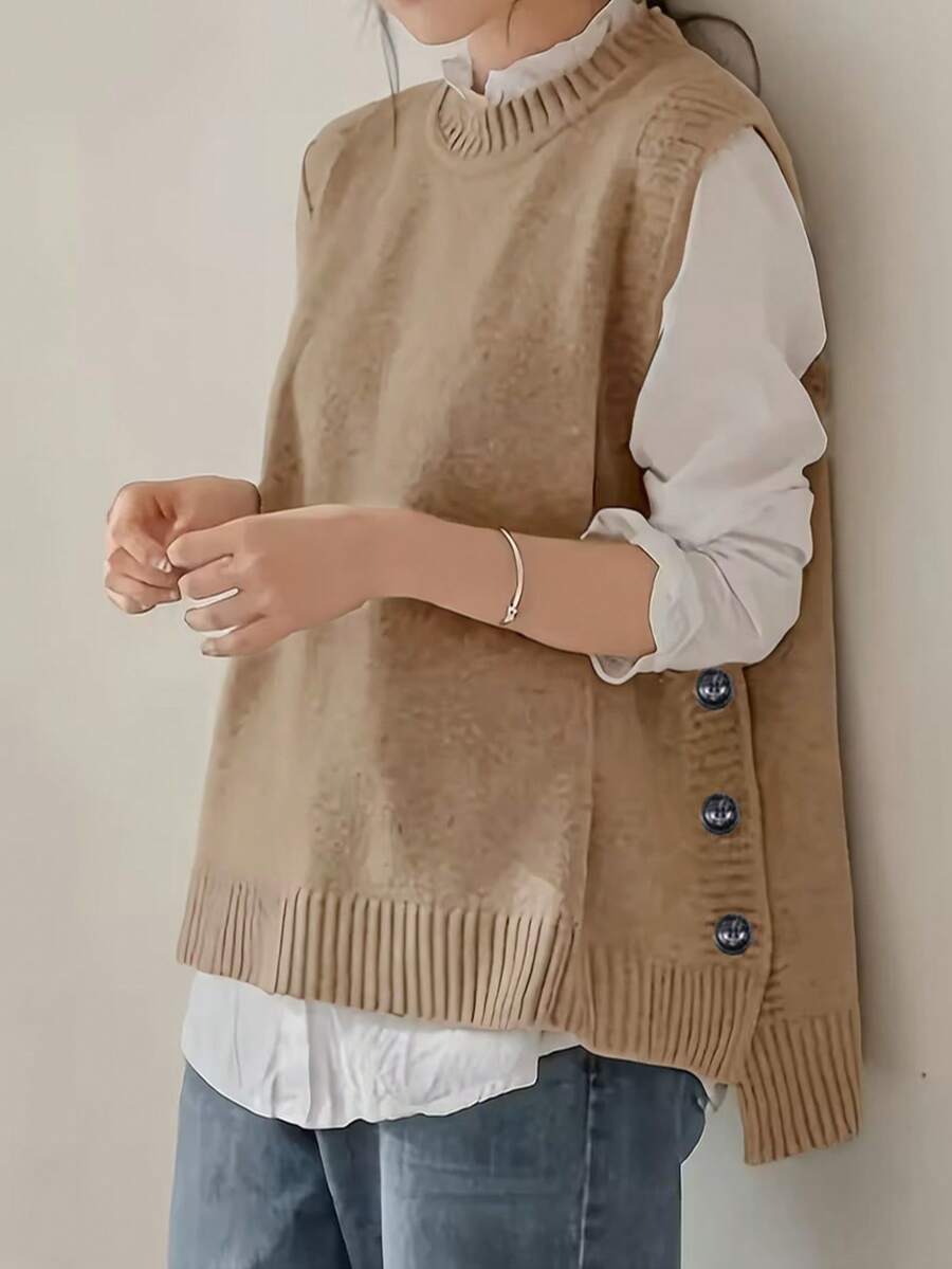 纯色绞花针织背心，休闲无袖圆领开衩下摆上衣，女装 - 卡其色 - 查看 1