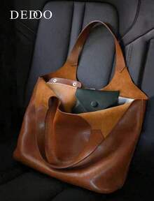 Vintage Large Capacity Women's Tote Bag, A Niche High-End Handbag Made Of Solid Color PU Waterproof Fabric, A Portable Commuting Handbag, Suitable For Daily Travel And Shopping. - 棕色 - 查看 1