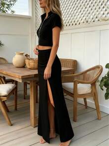 女士休闲两件套，黑色露脐圆领上衣和开衩长裙，中等弹力面料 - 黑色 - 查看 6