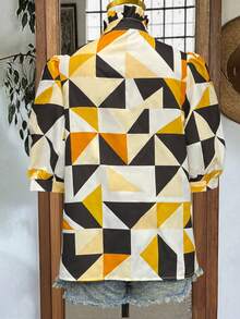 Women's Casual Vacation Shirt, Geometric Ruffle Hem, V-Neck Pleated Design, Bell Sleeves, Spring/Summer - Multicolor - View 4
