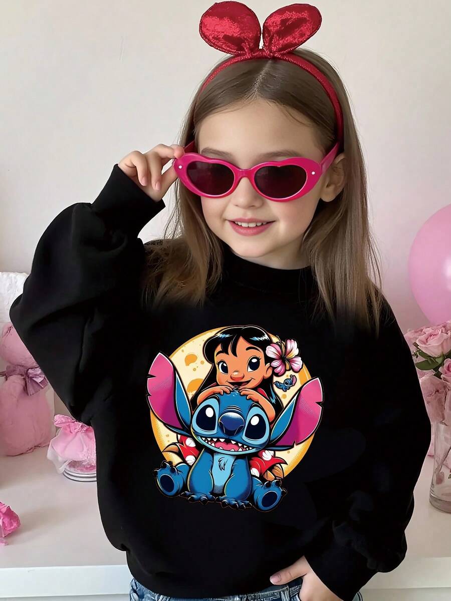 [Authorized]Stitch And Lilo Print Disney Casual Fashion Versatile Round Neck Children's Sporty Long Sleeve Sweatshirt, Lightweight Comfortable, Spring And Autumn Casual Top For Girls, Outdoor Clothing, Stretchy Fabric, Ideal For Birthday Gifts, Daily Sports And Travel. - màu đen - Xem 1