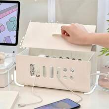 Caja de gestión de cables con tapa, organizador de escritorio multifuncional para almacenamiento de regletas, caja de almacenamiento de escritorio de plástico duradero para oficina y hogar, ocultador de cables a prueba de polvo para cables de cargadores, accesorio de espacio de trabajo elegante, regalo del Día de la Madre y del Padre - Multicolor - Ver 12