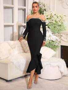 新款女士黑色性感单肩长袖露背奢华重工珍珠钻石绷带长裙婚礼伴娘礼服生日派对优雅女士正式晚宴礼服 - 黑色 - 查看 5