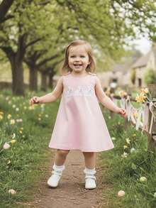 Vestido de conejo de Pascua sin mangas para bebé y niña pequeña con bordado de conejo, conjunto de fotos familiares de primavera para bebé - Rosa - Ver 6