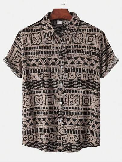Men's Retro Geometric Print Linen-Feel Short Sleeve Shirt, Casual Button-Down Collar Shirt, Breathable Loose Fit Summer Beach Holiday Top, Versatile Daily Wear