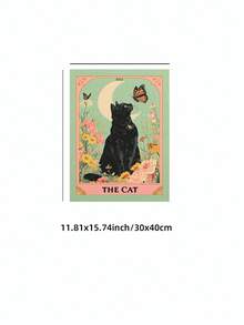 1pc Frameless Cat Tarot Art Print Poster, Mystical Black Cat With Moon & Floral Wall Decor, Witchy Gothic Poster For Witchy Bedroom, Living Room, Dorm, Fantasy Cat Lover Gift, Room Decor Bedroom, Back To School, Funky Posters, Vintage Decor, Wall Prints, College Dorm Essentials
