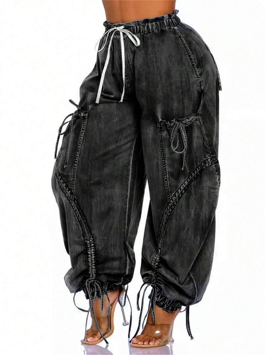 Magic Mia Women's Baggy Denim Harem Pants - Elastic Drawstring Waist Wide Leg Jeans With Bow Tie & Pockets | Casual Boho Streetwear For Travel/Everday Comfort (Vintage Distressed Wash) - 黑色 - 查看 1