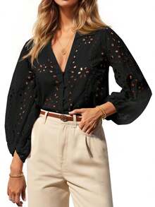 Womens Eyelet Blouse Deep V Neck 3/4 Balloon Sleeve Cotton Button Down Shirt - 黑色 - 查看 1
