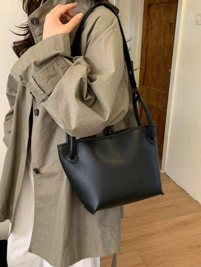 2026 早春新款棕褐色纹理手提包 | 女士简约小手提包，配有可调节肩带