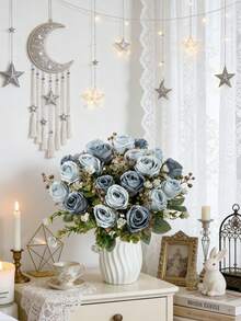 1/80pcs 12.2 Inch Artificial Peony Flowers, Silk Embroidered Floral Bouquet, Fake Roses, Suitable For Spring/Autumn Decor, Wedding Vase, Home, Restaurant, Bedroom, Kitchen, Bathroom - Blue - View 6