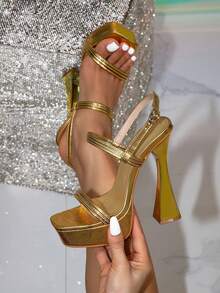 Sandalias de tacón alto con plataforma gruesa, puntera cuadrada, decoración dorada y transparente, de lujo para fiestas. Adecuadas para uso al aire libre. - Dorado - Ver 1