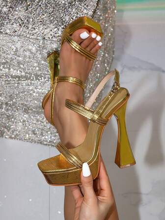Sandalias de plataforma transparente con decoración de tacón alto para mujer, color dorado, puntera de moda, adecuadas para fiestas y uso al aire libre
