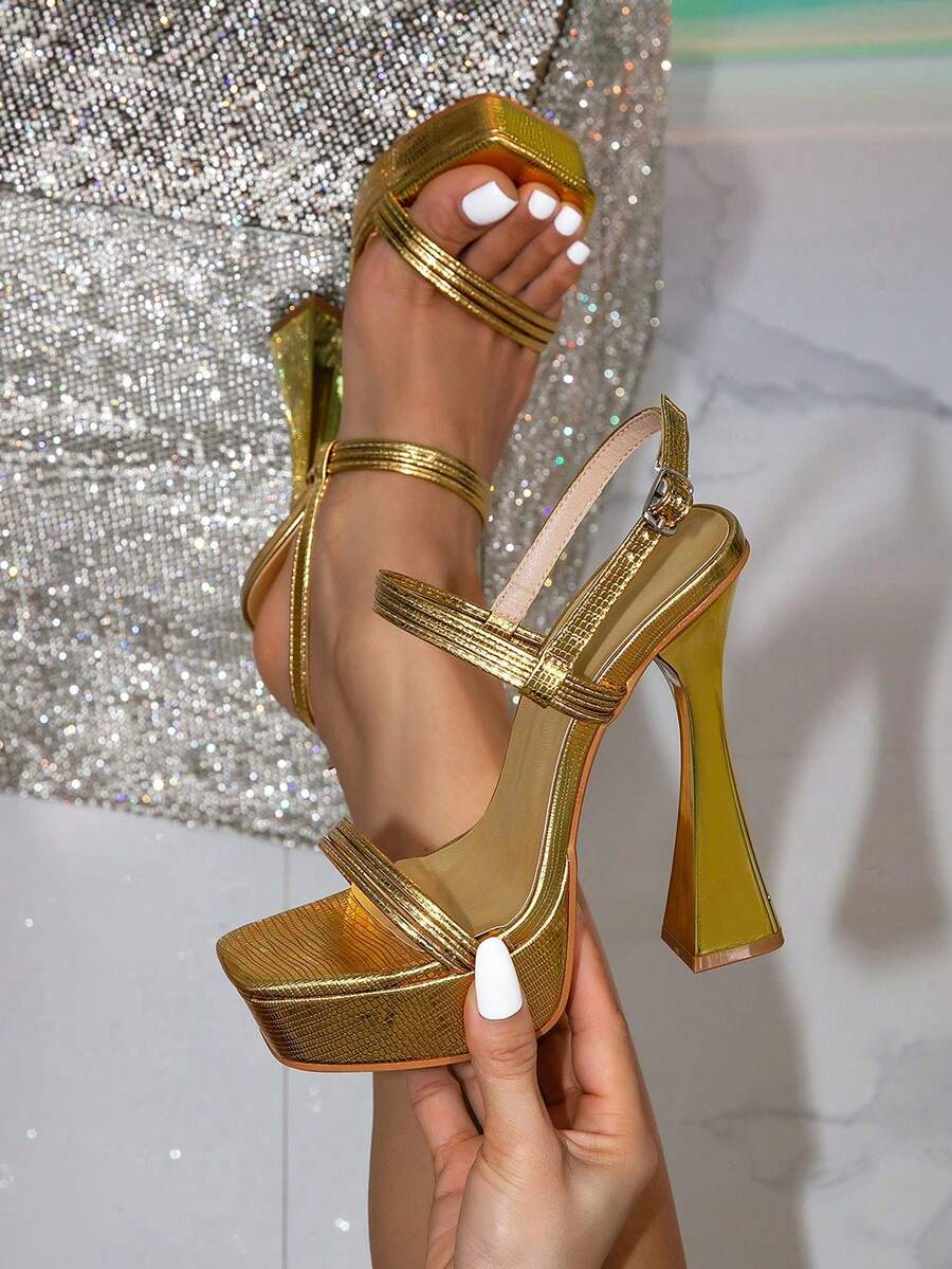 Sandalias de tacón alto con plataforma gruesa, puntera cuadrada, decoración dorada y transparente, de lujo para fiestas. Adecuadas para uso al aire libre. - Dorado - Ver 1