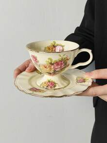 1 Set (1 Cup + 1 Saucer) Nordic Style English Ceramic Rose Coffee Cup & Saucer Set, Hollow Heart Saucer, American Latte Coffee Cup & Saucer, High-End Classical Palace Style Afternoon Tea Cup, Office/Home Tea Cup Set, Breakfast Milk Mug, Valentine's Day/Birthday Gift, Party Supplies, Gift For Boyfriend/Girlfriend - Multicolor - View 13