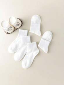 5 Pairs Unisex White/Grey/Black Ribbed Cuff Thick Socks, Soft Knit Fabric, Warm & Breathable, Comfortable Casual Mid-Calf Socks, Suitable For Daily Wear, Office Commute And Leisure Outings, A Perfect Gift For Valentine's Day For Your Loved One - White - View 4