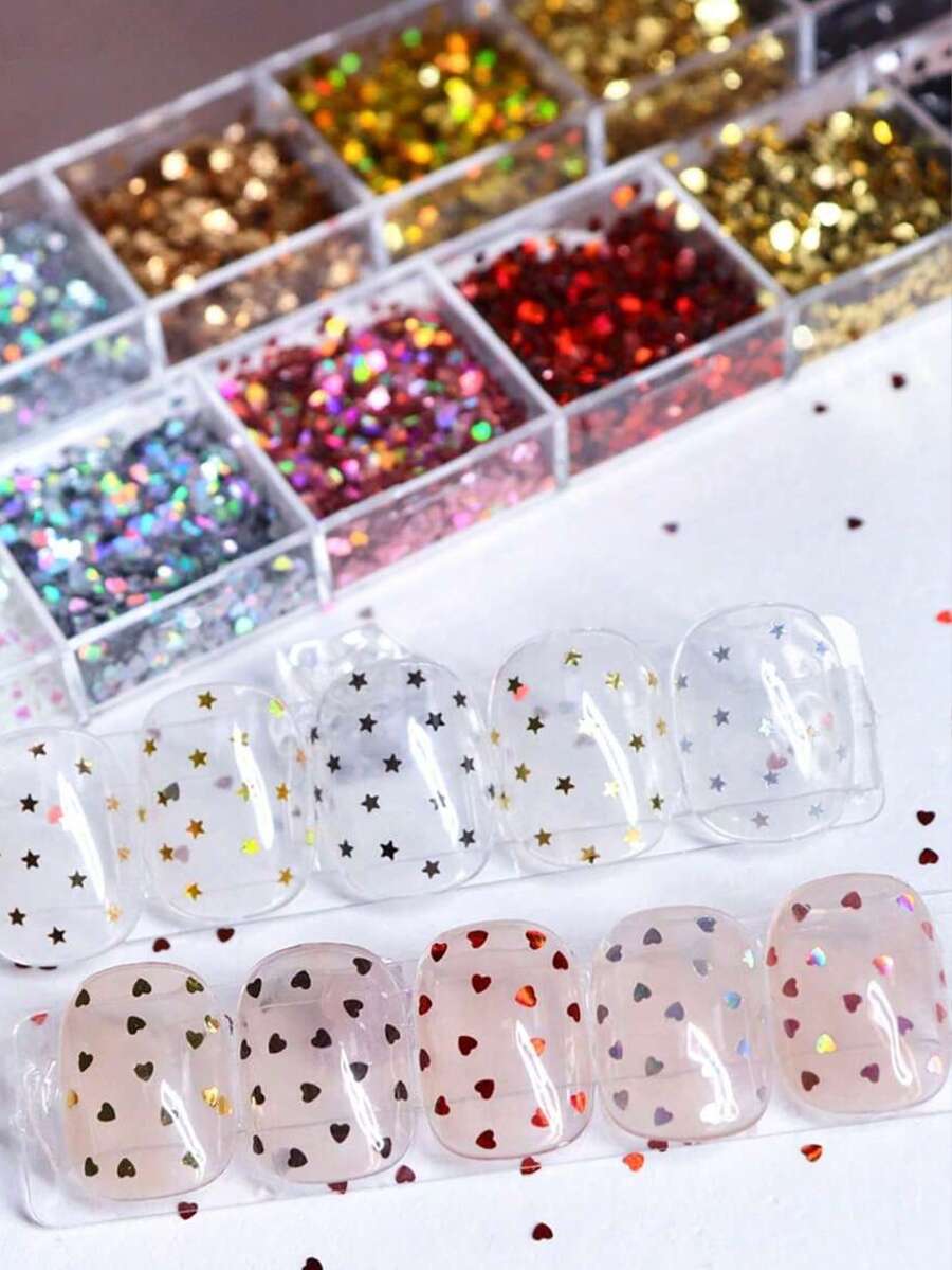 12 Grids 1mm Laser Mini Heart & Star Shaped Glitter Nail Art Sequins, Cute Heart Star Glitter DIY Charming Nail Design Nail Art Supplies Nail Jewelry Nails - Multicolor - View 1