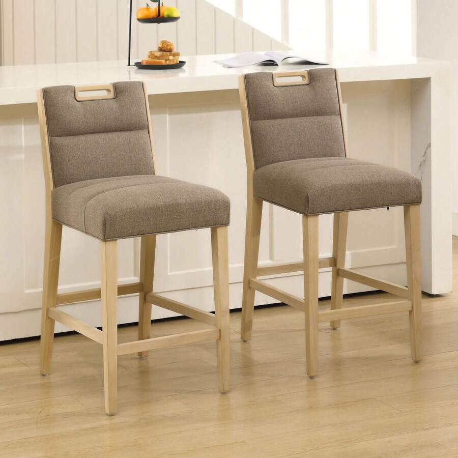 Chairus Bar Stools Set Of 2 Kitchen Counter Stool In Chenille Upholstered Breakfast Bar Chairs With Wooden Legs - 卡其色 - 查看 1