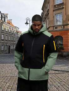 (Early Spring/Summer Release) New Men's Fashion Casual Patchwork Contrast Color Hooded Zip-Up Jacket, Plus Size - Army Green - View 1