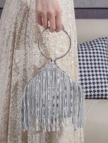 Fashionable & Elegant Rhinestone Tassel Decor Handbag, Evening Clutch - Silver - View 2
