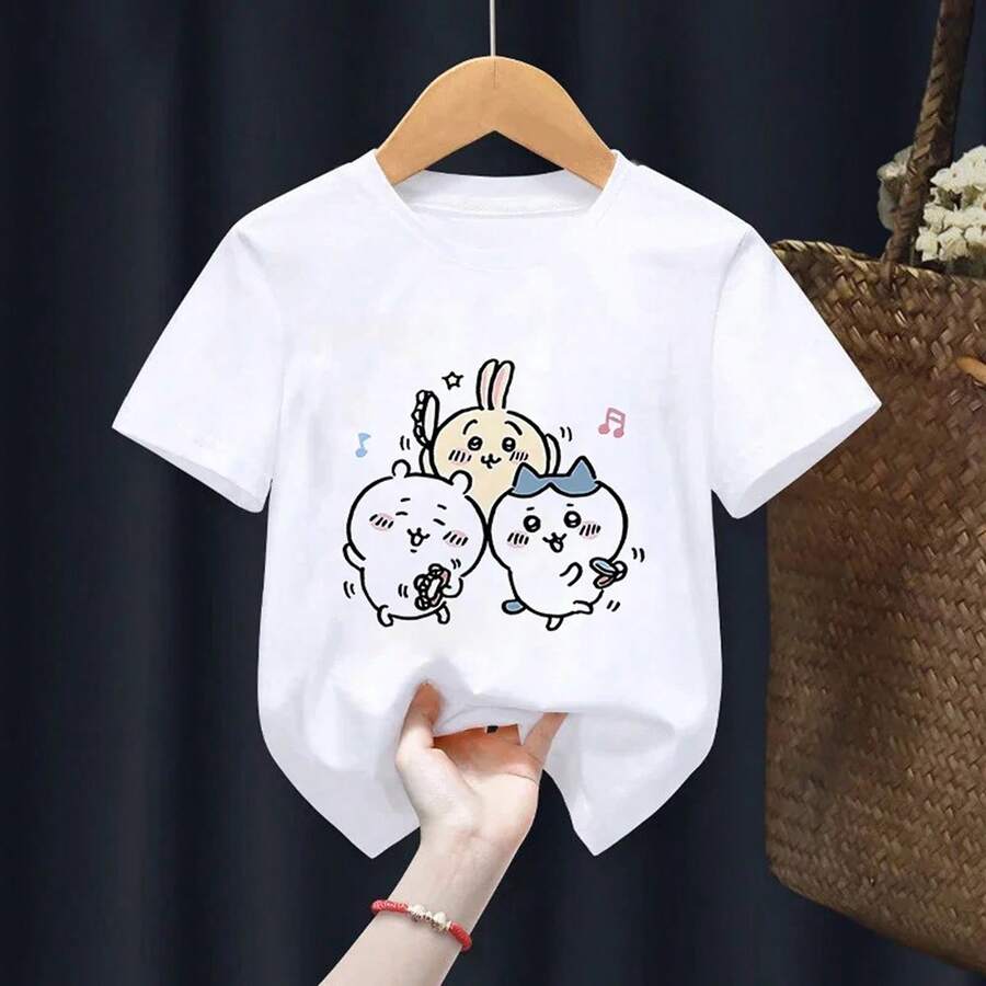 Children T-Shirt C-Chiikawas Kawaii Cartoons Kids Tee Shirts Anime Casual Clothes Boy Girl Tops Cute Expression Short Sleeved - 白色 - 查看 1