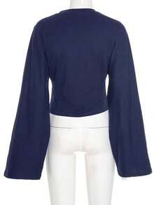 Áo thun dệt kim dài tay cổ tròn dành cho nữ, màu xanh navy, thích hợp mặc mùa xuân và hè. - xanh đậm - Xem 8