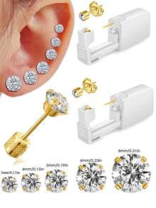 2PCS-9PCS Piercing Kit-Disposable Sterile Ear Piercing Gun Home Use Ear Piercing Tool +5pcs Silver/Golden Color Cubic Zirconia Fake Diamond CZ Flat Back Stud - Multicolor - View 15