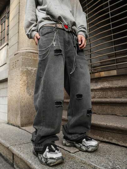 All Season Men's Loose Straight Leg Distressed Jeans, Vintage Streetwear Versatile Denim Pants