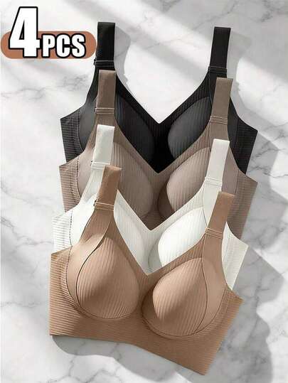 4-Piece Seamless Breathable Wireless Sports Bra For Women - Full Coverage Design, Anti-Slip Material, With Lifting And Support Functions, Comfortable To Wear, Ribbed Details, Made Of Nylon And Elastic Fiber Blend, Hand Wash. Elegant Solid Color Design.