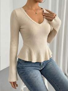Simple Classy Young Lady Casual Elegant Solid Color Ruffle V-Neck Long Sleeve Bodycon Knit Top, Casual Flare Sleeve Pullover - Apricot - View 5