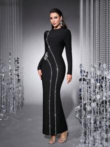 Bernatova New Year & Christmas Elegant Women's Long Sleeve Round Neck Knitwear Bandage Cocktail Dress With Rhinestone And Beaded Slit Detail Glamorous Bodycon Gown For Wedding Guest , Celebrity , Cocktail And Evening Event Party - Black - View 1