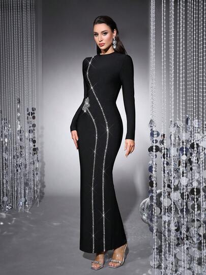 Bernatova Elegant damklänning med lång ärm och rund hals, stickad bandage, strass och pärldetaljer, för nyår och jul. Glamorös bodycon-klänning för bröllopsgäster, kändisar, cocktail- och kvällsfester.