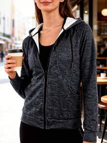 Women's Hooded Zip-Up Sweatshirt Jacket With Pockets, Outdoor Sports Casual Wear, Suitable For Fitness And Daily Wear - Dark Grey - View 5