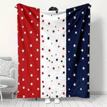 1pc Flannel Soft & Cozy Throw Blanket, Red White Blue Striped Base With American Flag Star Print Pattern, Trending Cross-Border Product, Bedroom/Sofa Decor, American Theme Gift For New Year, Preferred By American Theme Decor Enthusiasts - Multicolor - View 6