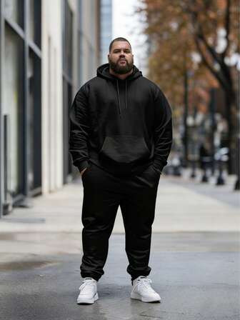 加大码男士纯色连帽衫和运动裤套装