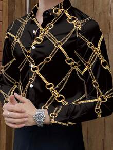 Spring & Autumn New Men's Fashion Gold Chain Print Lapel Slim Fit Long Sleeve Shirt - Soft & Stretchy Polyester Fabric, Casual & Sporty Loose Fit - Black - View 5