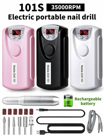 101S 35000RPM Taladro de uñas eléctrico recargable, Amoladora eléctrica profesional portátil con batería de 1200mAh, 6 brocas y anillos de lijado, Adecuado para uñas acrílicas/de gel, Uso doméstico y salón, Regalo de San Valentín/Navidad