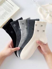 4 đôi tất ngắn nữ xinh xắn có nơ, màu trắng và đen, tất dài đến bắp chân thoải mái, kiểu dáng học sinh, màu ngẫu nhiên, phù hợp cho mặc hàng ngày và đi chơi, mọi mùa. - Xem 4