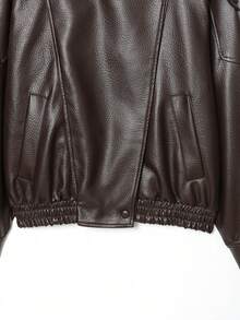 Camellia New Autumn/Winter Women's Fashion European & American Style Minimalist Versatile Litchi Texture Leather Jacket, High-End Outerwear - Brown - View 9